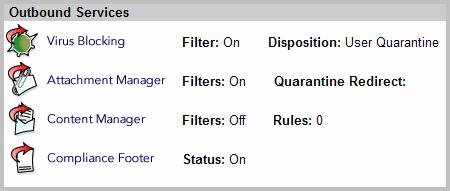 3. In the Organization Management page, scroll to the Outbound Services section, and click the Compliance Footer icon. 4. In the Outbound Compliance Footer page: Set the footer Status to On.