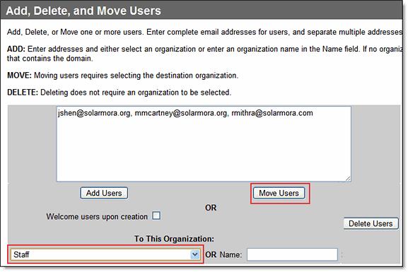 Tip: Enter several users at once by pasting their addresses from a text file or user database. 5. Leave Welcome users upon creation unchecked. 6.