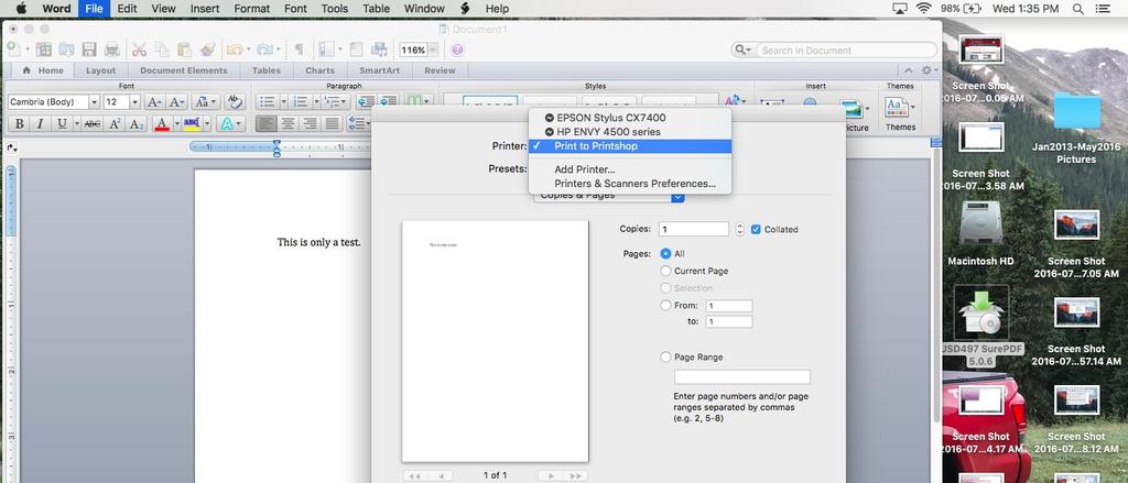 Now go to print in your word document and you can now select Print to