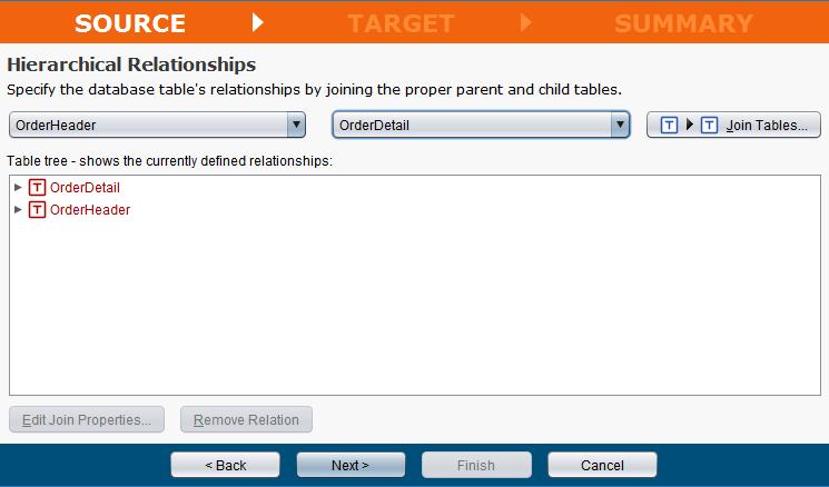 Click the Select Parent Table dropdown and make a Selection. In this example, we have selected OrderHeader from the list. Click the Select Child Table dropdown and make a Selection.