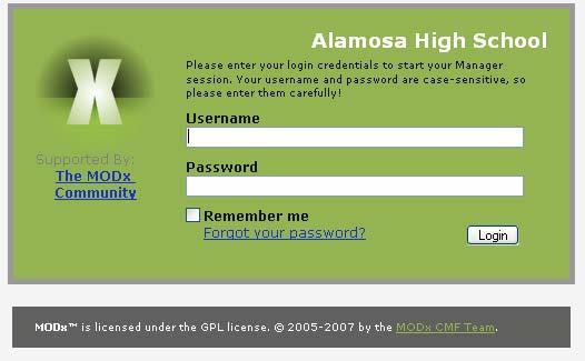 Introduction to the MODx Manager To login to your site's Manager: Go to your school s website, then add /manager/ ex. http://alamosa.k12.co.