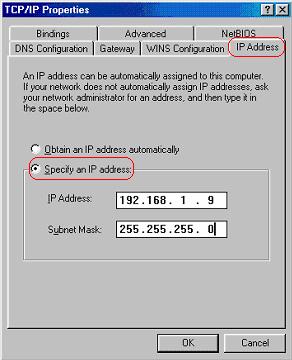2.168.1.1, so use 192.168.1.X (X is a number between 2 to 254) for IP Address field and 255.