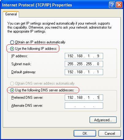IP address: Fill in IP address 192.168.1.x (x is a number between 2 to 254). Subnet mask: Default value is 255.255.255.0. Default gateway: Default value is 192.168.1.1. Preferred DNS server: Fill in preferred DNS server IP address.
