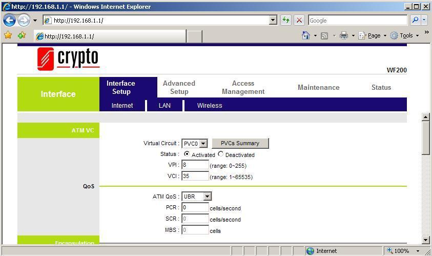 Click an Interface Setup link to set ATM VC values, ISP Encapsulation, configure multi- connection settings, and LAN configuration. 5.