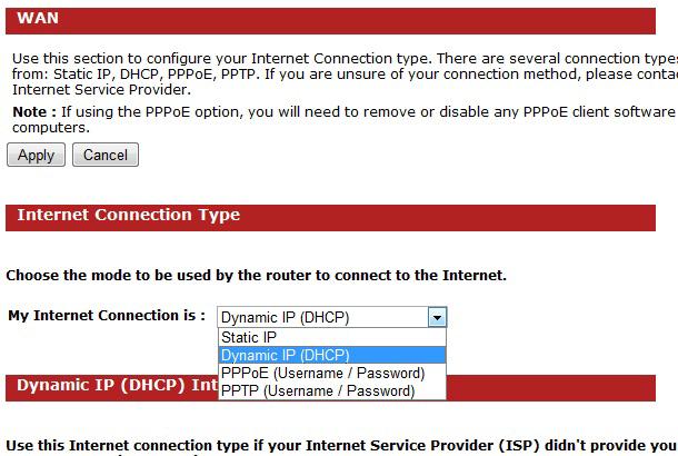 Internet Connection Type Select your Internet service WAN type The EN2HWI-N3 supports several types of Internet / WAN connections: o DHCP Connection (Dynamic IP address) Choose this connection type
