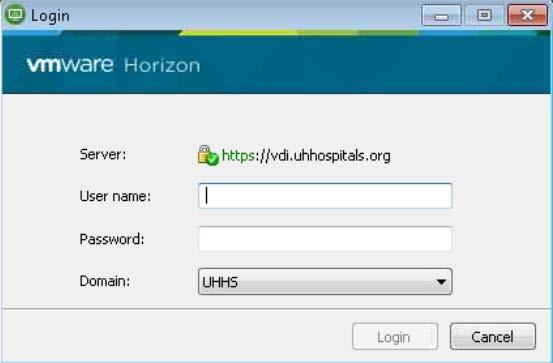 The VMware Horizon Client login screen appears. 2. In the User name field, enter your UH username. 3. In the Password field, enter your UH password. 4. Click Login.