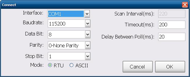 If the RS-485 interface is used, select the relevant COM port from the interface drop-dwon