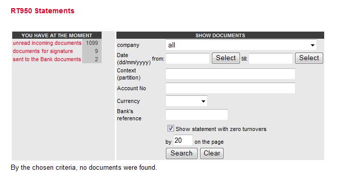 page of any type of incoming or outgoing documents, you see the button Search documents (see a sample of RT950 Statement window in Fig. 19).