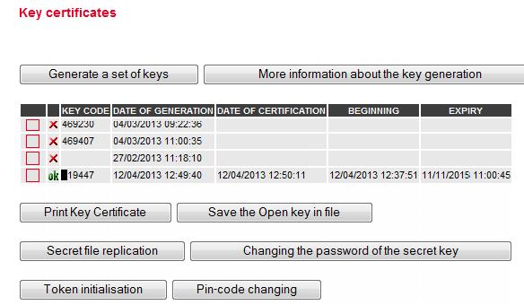 Figure 34. Window «Certificates of keys» All keys of the user are specified in the list of keys. They can have statuses: - cancelled; - valid; - certification pending.