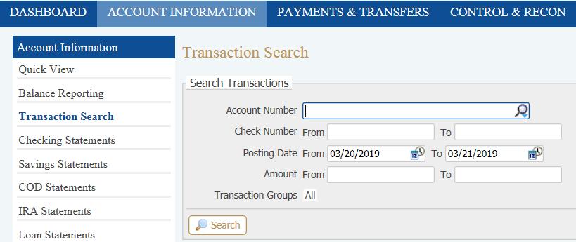 Transaction Search Transaction Search allows for finding a specific transaction easily. Account Number Account numbers associated with the bank are provided via the drop-down menu.