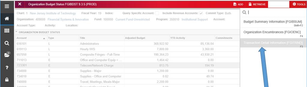FGITRND Review Budget Transactions To review all the details of your transaction