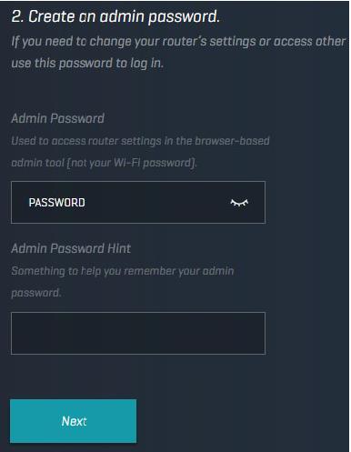 Step 12: Create your own router Admin Password and an optional Admin Password Hint. Click or tap Next.