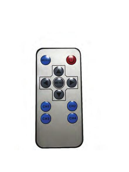 Remote control 1. POWER key: Turn-OFF monitor, power ON not supported. 2. MODE key: Confirm mode switch 3. key: Brightness decrease key 4. MENU key: open or exit menu interface 5.