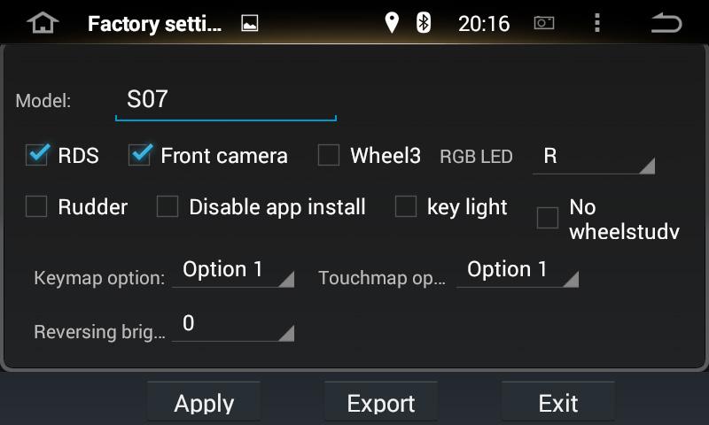 Factory Settings Input password 121212 to enter into the factory setting menu, you can change the boot CAR LOGO, switch RADIO BAND, adjust function default AUDIO volume, change APPLICATION data, set