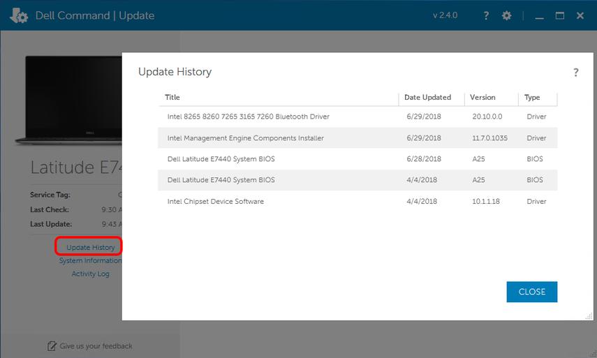 On your Dell enterprise managed device in the Dell Command Update software, the Update History