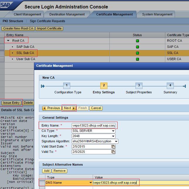 Expand Root CA and select SSL Sub CA 49. Click on Issue Entry button. 50.