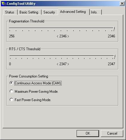 Advanced Setting The Advanced Setting Screen shows you to change advanced configuration, such as Fragmentation Threshold, RTS/CTS Threshold and Power Consumption Setting.