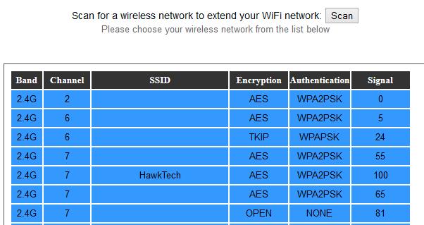 (4) By default, the first page will allow you to choose a 2.4GHz network you want to connect. If you do not want to repeat a 2.4GHz network, you can click skip on the bottom of the page.