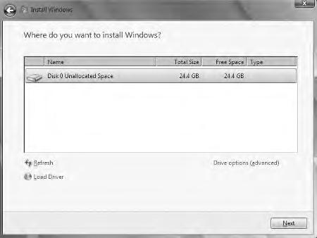 Installing Windows 7 25 20 GB available. You can also click the Drive Options (Advanced) link to create your own partition.