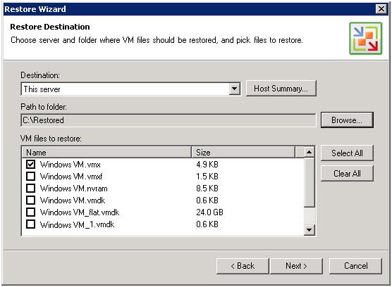 3. At the Restore Destination step of the wizard, select where to restore VM files: to an ESX(i) host or to the local machine. Use the Host Summary button to view information on storage resources. 4.