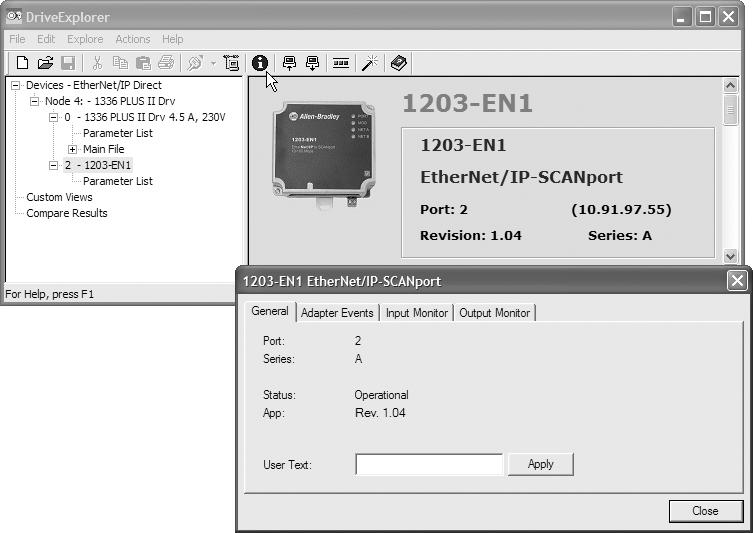 1203-EN1 EtherNet/IP-to-SCANport Module Firmware v1.005 3 Using DriveExplorer Lite/Full 1.