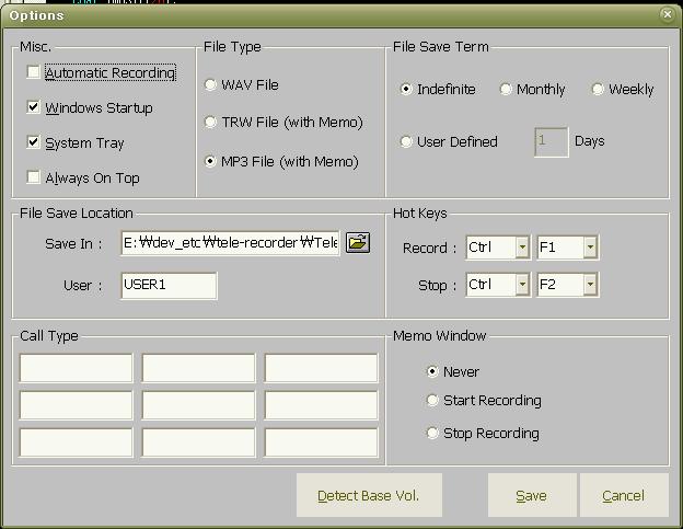 [Options] the Options dialog box will be shown as follows. A. Misc -. If the Automatic Recording option is checked, recording process will be automatically starts when a call begins. -. If the Windows Startup option is checked, the program will be executed automatically when Windows starts.
