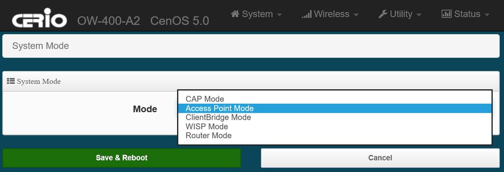 OW-400-A2 supports five different Operation Modes: Control Access Point, Access Point Mode with WDS and Captive Portal Authentication,