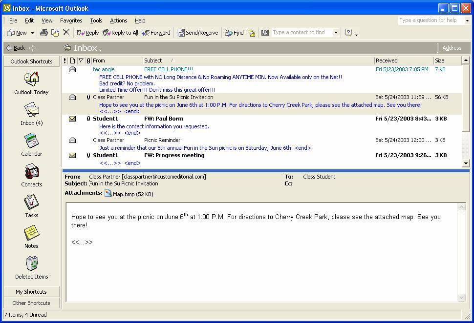 Part VI: Lesson 5 Using E-Mail in Outlook VI-5.11 In this exercise, you read the e-mail messages that your class partner sent to you. Be sure to single-click the Picnic Reminder message in step 1.