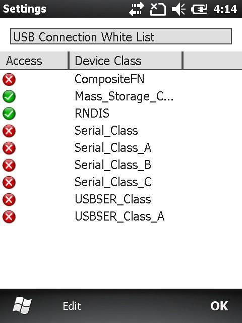 Then select the Edit->USB menu to display the list of approved types of USB connections.