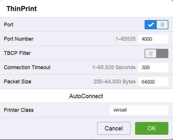 Once the ThinPrint Protocol is enabled, the Admin has access to the settings below. The port must be enabled. The default port number for ThinPrint communication is 4000.