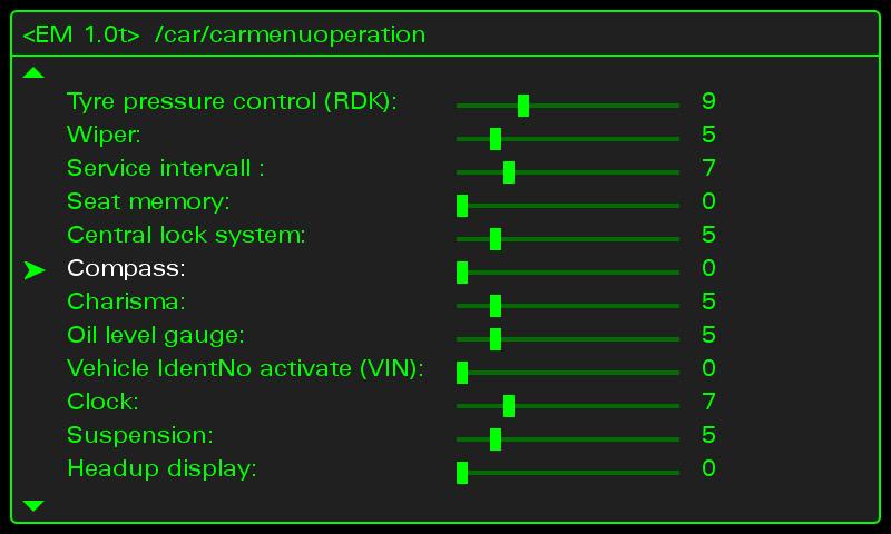 Open Green Menu (Press CAR and MENU and hold it) go to car/carmenuoperation. - Attention 1: for each line, add 1 to the current value.