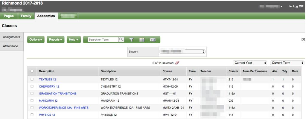 3.3 Academics Top Tab The Academics Top Tab will allow you to select a course (using the checkbox beside the course) then click on the available Side Tabs to see details about the course you selected.