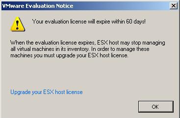 22. If using ESXi in evaluation mode, click OK to acknowledge the number of days