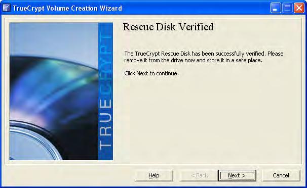 TrueCrypt will now verify the disk and show a Rescue Disk Verified window.