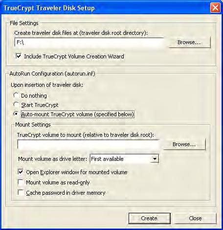 Back at the TrueCrypt Traveler Disk Setup window. Select the Auto-mount TrueCrypt volume (specified below) AutoRun Configuration option. Click Browse. Create a file with a.
