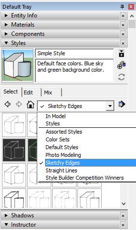 Creating your first 3D model in SketchUp Close the Materials dialog box and open the Styles dialog box in the Default Tray.