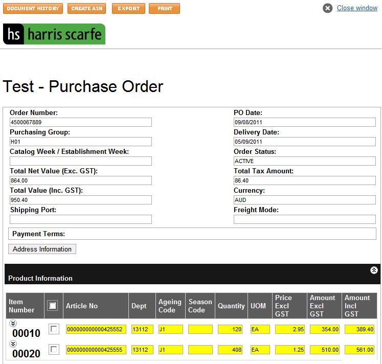 Figure 17: Purchase Order/Amended Purchase Order Details Screen This screen will have details of the Purchase Order.