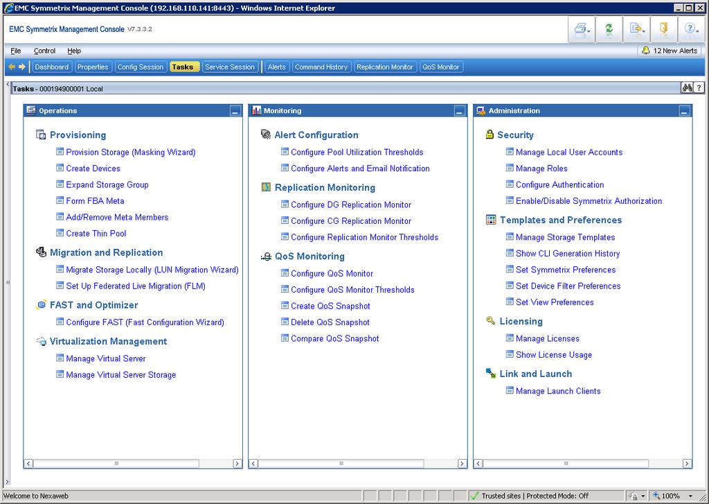 Return to SMC for View Of Newly Provisioned Storage SMC View Re-open the Symmetrix Management Console interface, choose the Tasks menu, and select Manage