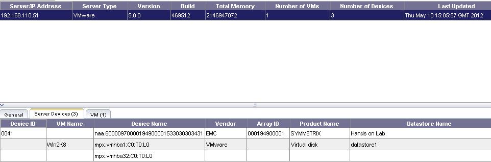Note that the Server Devices tab displays corresponding information about the Symmetrix device, its associated Datastore, and any virtual machines present on