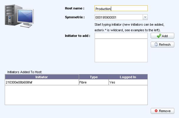 Select Initiators Page Complete the Create Host page as follows: Host name: Production Symmetrix: 01 Initiator to add: Select iqn.1991-05.com.microsoft:vc-w8-01a.corp.