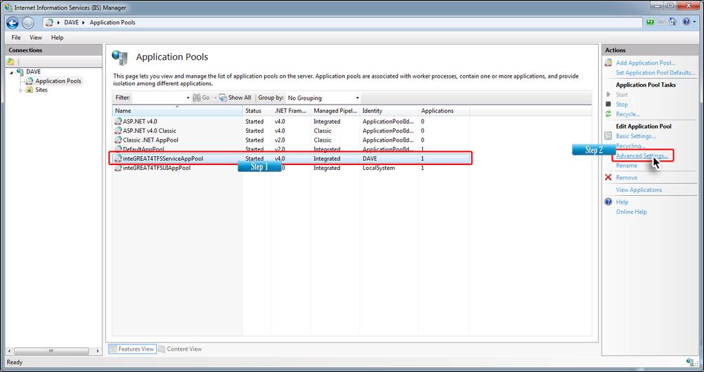 4. Select InteGREAT4TFSServiceAppPool option (center-pane) and then