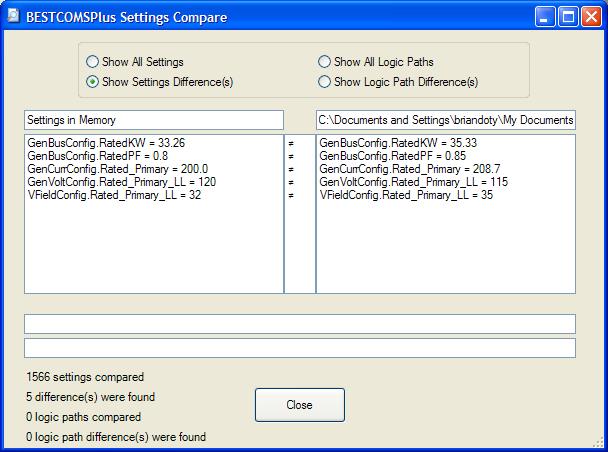 BESTCOMSPlus Settings Compare Setup A dialog box will appear and notify you if any differences were found.