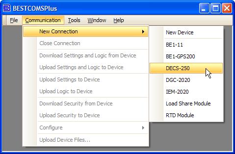 Select New Connection from the Communication pulldown menu and select. See Figure 113.