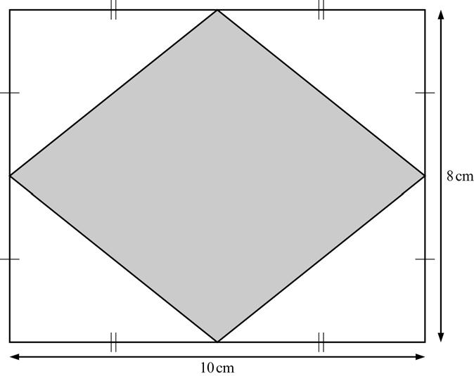0 The diagram shows a rectangle of length 0 cm and width 8 cm. The midpoints of the sides are joined to make the shaded shape. What is the area of the shaded shape? An octagon has 8 sides.