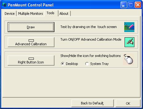 Tools Draw Advanced Calibration Right Button Icon Tests or demonstrates the PenMount touch screen operation.