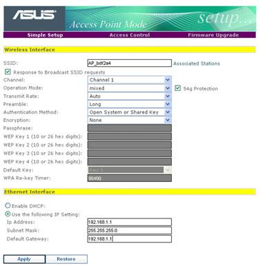 Changing the access point (AP) configuration Simple Setup page The Simple Setup page displays the default AP settings of the WL-330g. Use this page to set the AP channel, operation mode, and security.