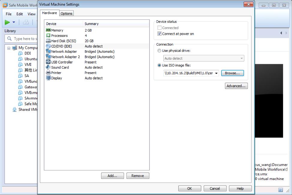 Safe Mobile Workforce 2.0 Installation and Deployment Guide The Virtual Machine Settings screen appears. 27. On the Hardware tab, click CD/DVD (IDE). The CD/DVD settings appear on the right pane. 28.