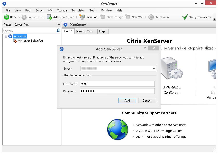 Installing on Citrix XenServer FIGURE 6-6. Add New Server dialog box The Add New Server dialog box appears. 3. Type the server name, user name and password, and then click Add.
