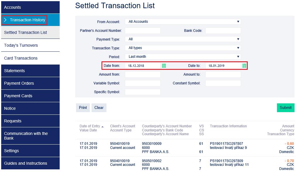 4. Transaction History Transactions made on Accounts connected in IB can be displayed in IB in the option Transaction History.