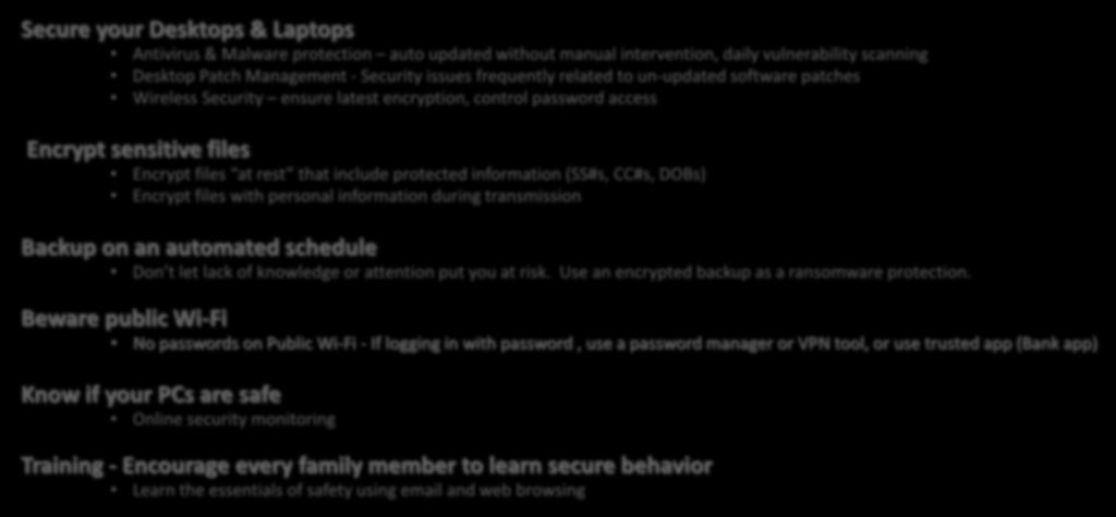 Summary - Essentials of Securing Personal Information Secure your Desktops & Laptops Antivirus & Malware protection auto updated without manual intervention, daily vulnerability scanning Desktop